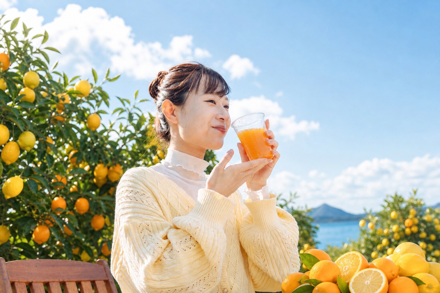 瀬戸田の柑橘畑と海を背に、生搾りジュースを味わうお客様